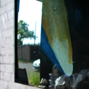 Öl auf Leinwand, mit hellgrüner Acrylglasscheibe abgedeckt, 87,2 x 65,7 cm, 2023