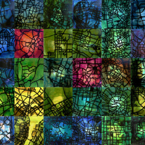 Acryl, Tusche, Schellack auf Papier, kaschiert auf Holzgrund, je Modul 50 x 50 cm, Hängung variabel, 2013