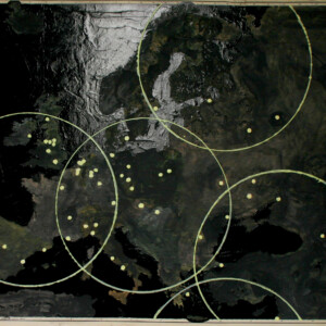 Lack und fluoreszierende Farbe auf Schullandkarte, 83 x 108 cm, 2006